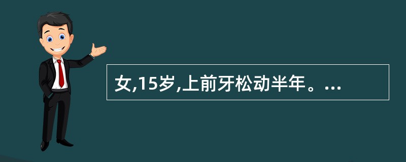 女,15岁,上前牙松动半年。检查:口腔卫生良好,上前牙牙龈外观色粉红,但探诊后山