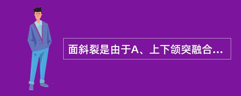 面斜裂是由于A、上下颌突融合障碍B、上颌突和球状突融合障碍C、球状突之间融合障碍