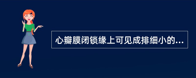 心瓣膜闭锁缘上可见成排细小的白色血栓性赘生物,见于A、急性感染性心内膜炎B、亚急