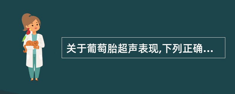 关于葡萄胎超声表现,下列正确的是A、子宫小于妊娠月份B、双侧卵巢正常C、子宫增大