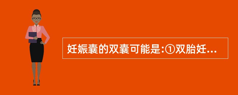 妊娠囊的双囊可能是:①双胎妊娠;②流产受阻或植入性出血;③枯萎卵;④两层蜕膜之间