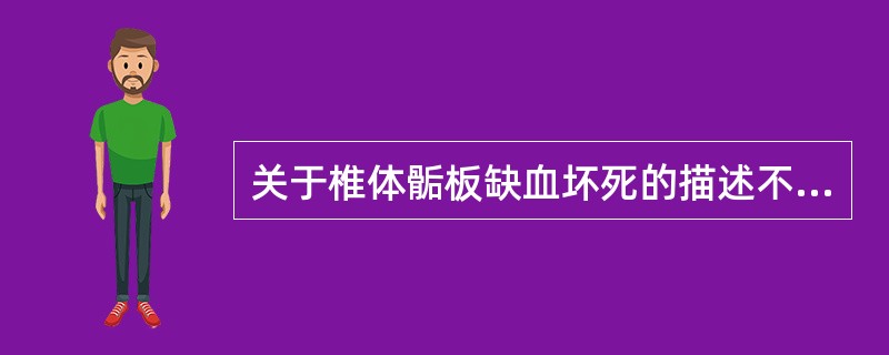 关于椎体骺板缺血坏死的描述不正确的是A、椎体骨骺出现迟缓,呈分节状,密度增高,轮