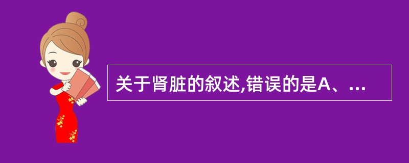 关于肾脏的叙述,错误的是A、肾的血管、神经、淋巴和肾盂出入的部位,称为肾门B、出