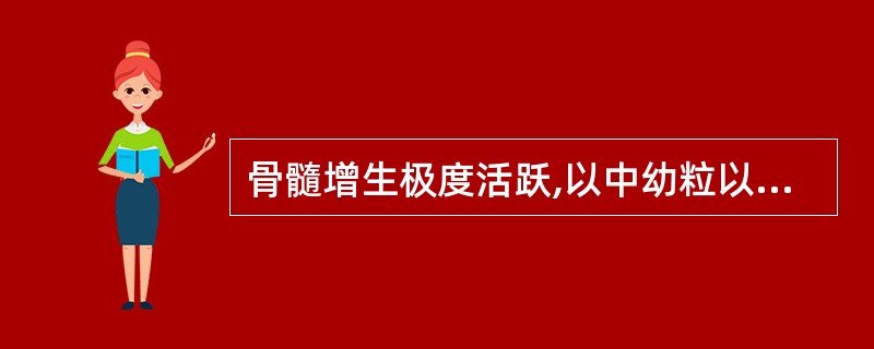 骨髓增生极度活跃,以中幼粒以下阶段细胞为主,较易见嗜酸、嗜碱性粒细胞( ) -