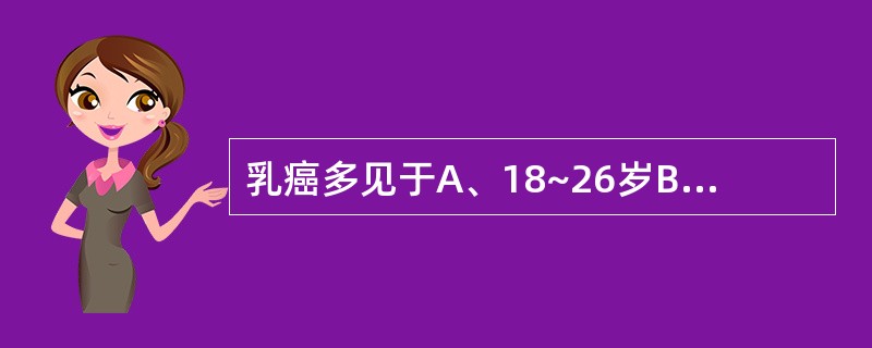 乳癌多见于A、18~26岁B、25~41岁C、40~61岁D、20~31岁E、4