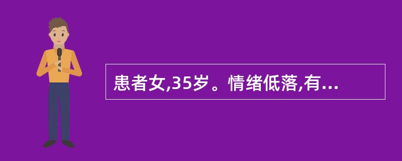 患者女,35岁。情绪低落,有自责自罪,觉得活着没意思,是家人的累赘,在家曾先后跳