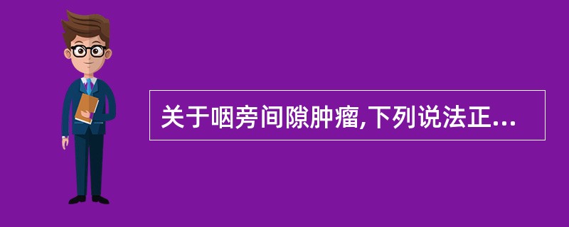 关于咽旁间隙肿瘤,下列说法正确的是A、绝大多数为恶性肿瘤B、原发于咽旁间隙的肿瘤