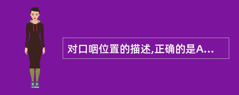 对口咽位置的描述,正确的是A、硬腭与舌根之间B、硬腭与声门之间C、软腭与声门之间