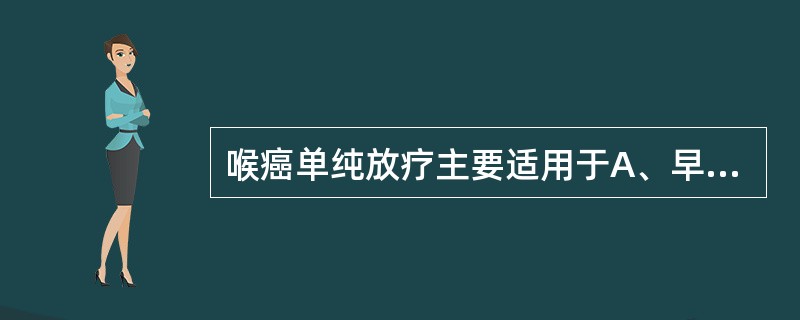 喉癌单纯放疗主要适用于A、早期声带癌,向前未侵及前联合,向后未侵及声带突,声带活
