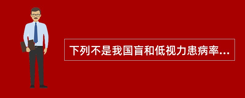 下列不是我国盲和低视力患病率特点的是A、随年龄增加而增加B、女性多见C、农村多见