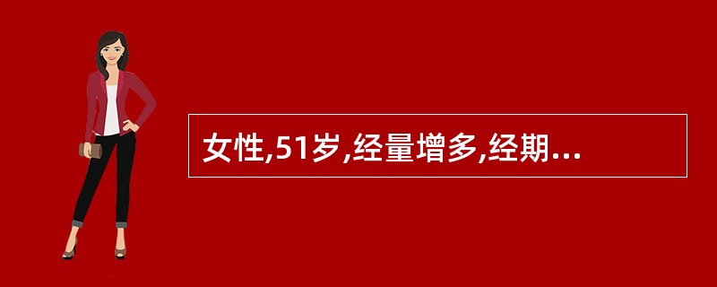 女性,51岁,经量增多,经期延长1年余,无明显痛经,妇科检查:子宫大小正常,活动