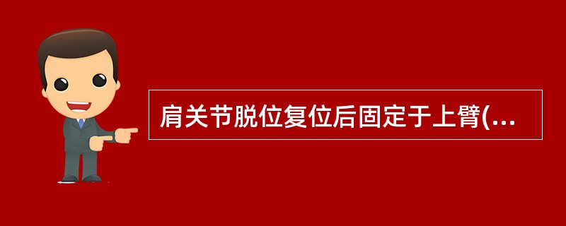 肩关节脱位复位后固定于上臂( )。A、内收内旋屈肘位B、内收外旋屈肘位C、外展内