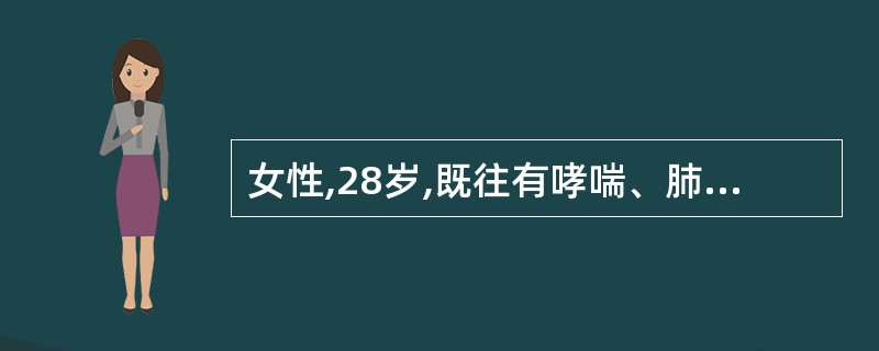 女性,28岁,既往有哮喘、肺大泡病史。3天前因上呼吸道感染出现发热、咳嗽、咳痰。