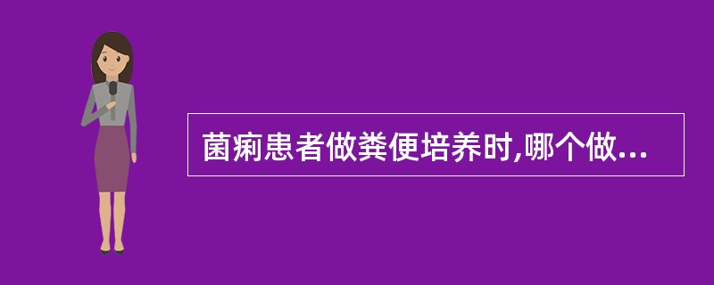 菌痢患者做粪便培养时,哪个做法是错误的A、采取带脓血或黏液的粪便B、标本勿被尿污