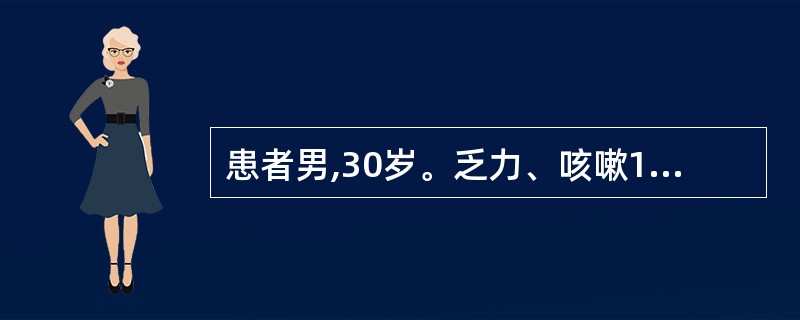 患者男,30岁。乏力、咳嗽1月余,伴低热、盗汗,痰中带血1周。胸片示:右肺上叶尖