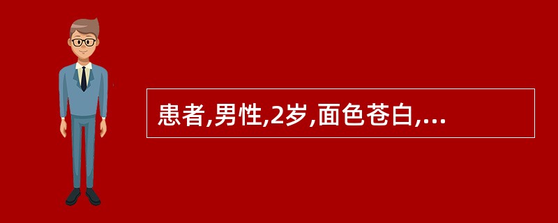 患者,男性,2岁,面色苍白,头晕、乏力半年。体检:贫血貌,巩膜轻度黄染,脾肋下3