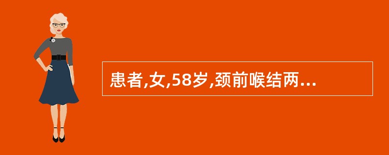 患者,女,58岁,颈前喉结两旁结块肿大,按之较硬或有结节,肿块经久未消,胸闷,纳