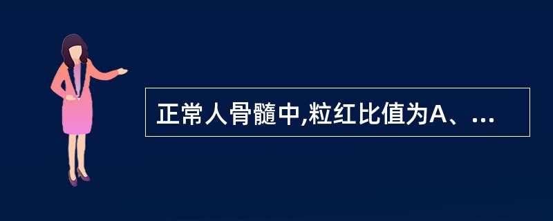 正常人骨髓中,粒红比值为A、1:1B、1~2:1C、2~3:1D、2~4:1E、