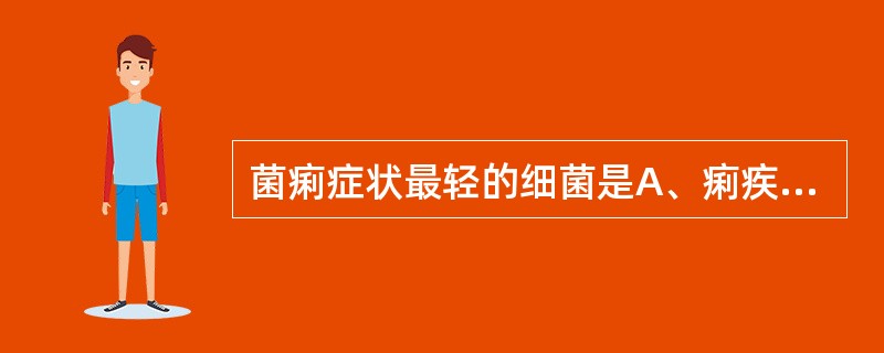 菌痢症状最轻的细菌是A、痢疾志贺菌B、福氏志贺菌C、鲍氏志贺菌D、宋内志贺菌E、