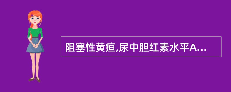 阻塞性黄疸,尿中胆红素水平A、阴性B、正常C、降低D、升高E、不定