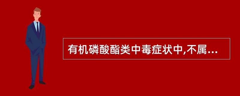 有机磷酸酯类中毒症状中,不属于M样症状的为( )A、流涎流泪B、瞳孔缩小C、腹痛