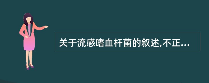 关于流感嗜血杆菌的叙述,不正确的是A、生长需要V因子和X因子B、荚膜肿胀试验阳性