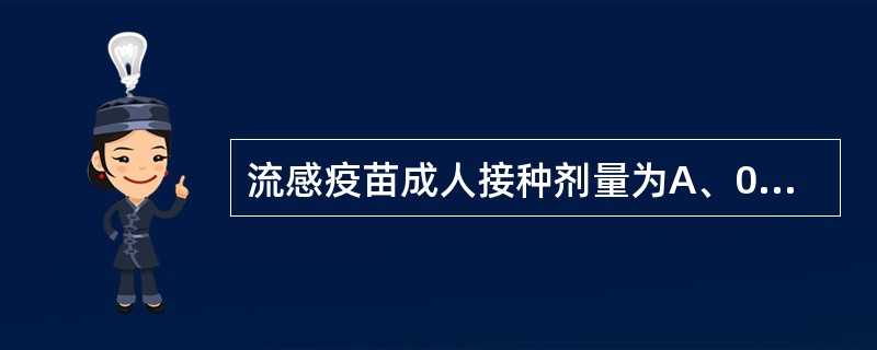 流感疫苗成人接种剂量为A、0.5mlB、1mlC、0.2mlD、0.1ml -