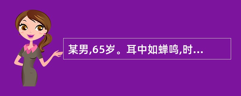 某男,65岁。耳中如蝉鸣,时作时止,按之鸣声减弱,听力亦下降,同时伴腰膝酸软,乏