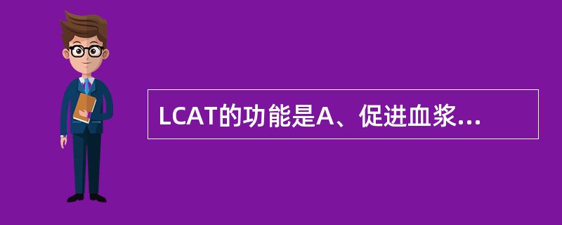 LCAT的功能是A、促进血浆脂蛋白中胆固醇的酯化B、水解胆固醇酯C、参与胆固醇生