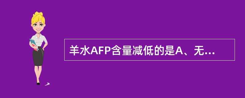 羊水AFP含量减低的是A、无脑儿B、先天愚型C、死胎D、多胎怀孕E、胎儿脑膨出