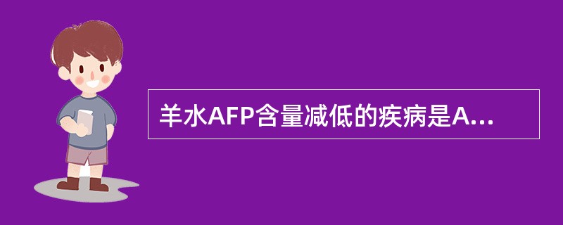 羊水AFP含量减低的疾病是A、无脑儿B、唐氏综合征C、死胎D、多胎妊娠E、消化道