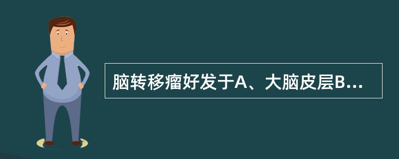 脑转移瘤好发于A、大脑皮层B、小脑皮层C、脑皮层D、脑髓质E、皮髓质交界区 -