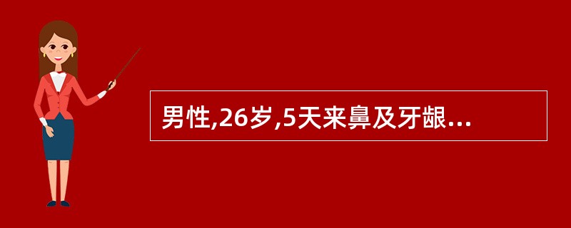 男性,26岁,5天来鼻及牙龈出血,皮肤瘀斑,血红蛋白55g,白细胞10.0×l0