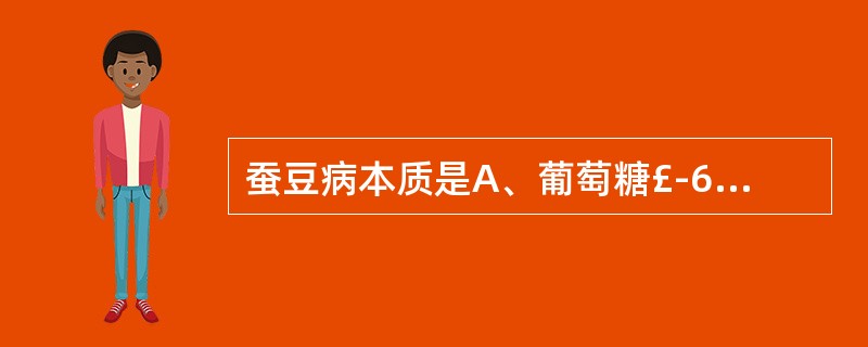 蚕豆病本质是A、葡萄糖£­6£­磷酸脱氢酶缺乏症B、遗传性球形红细胞增多症C、异