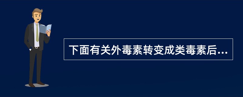 下面有关外毒素转变成类毒素后生物学特性的描述正确的是A、使其毒性增强B、减弱毒素