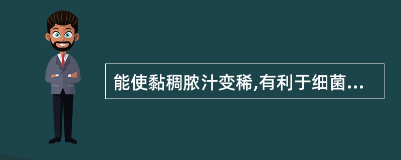 能使黏稠脓汁变稀,有利于细菌扩散的侵袭性酶是A、血浆凝固酶B、透明质酸酶C、链激