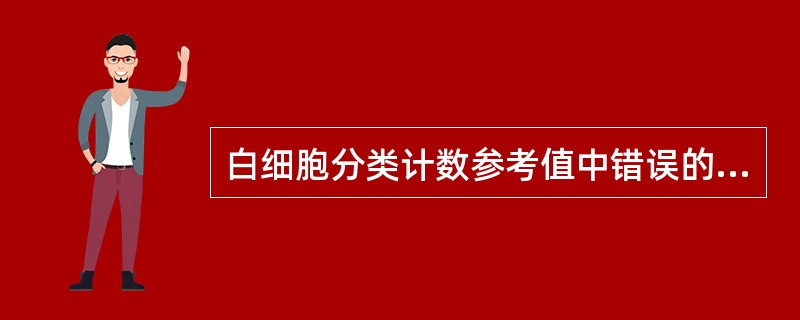 白细胞分类计数参考值中错误的是A、中性杆状核粒细胞1%~5%B、中性分叶核粒细胞