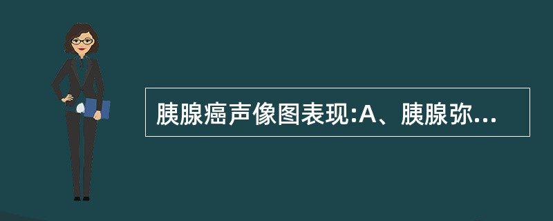 胰腺癌声像图表现:A、胰腺弥漫性肿大,形态僵硬变形或局限性肿大、膨出B、肿块形态