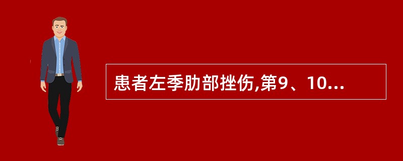 患者左季肋部挫伤,第9、10肋骨骨折,脾破裂,血压90£¯60mmHg,脉搏11