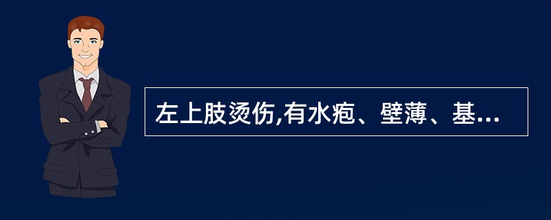 左上肢烫伤,有水疱、壁薄、基底潮红,水肿明显,剧痛。估计烧伤面积及深度为A、9%