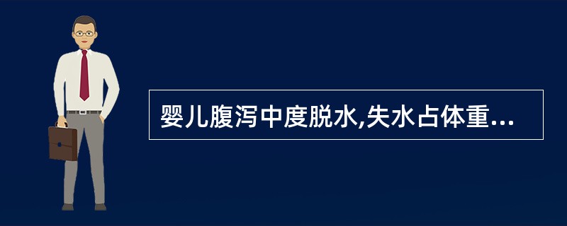 婴儿腹泻中度脱水,失水占体重的百分比为 ( )A、1~2%B、1~5%C、2~5