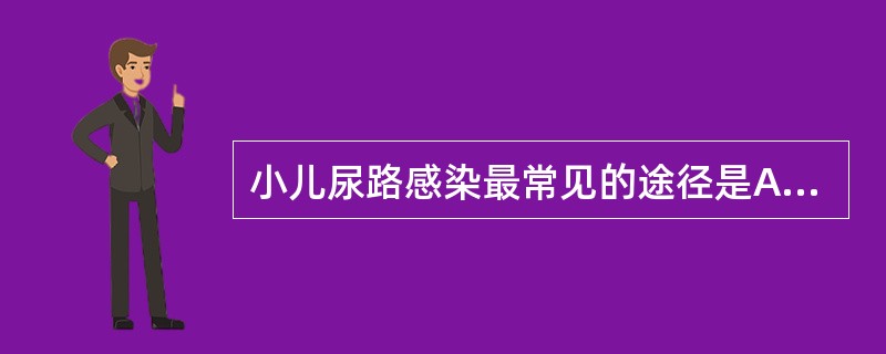 小儿尿路感染最常见的途径是A、上行感染B、血行感染C、邻近组织感染D、外伤感染E