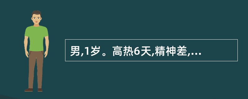 男,1岁。高热6天,精神差,频繁咳嗽,阵发性喘憋。体检:鼻翼掮动,吸气性凹陷,两