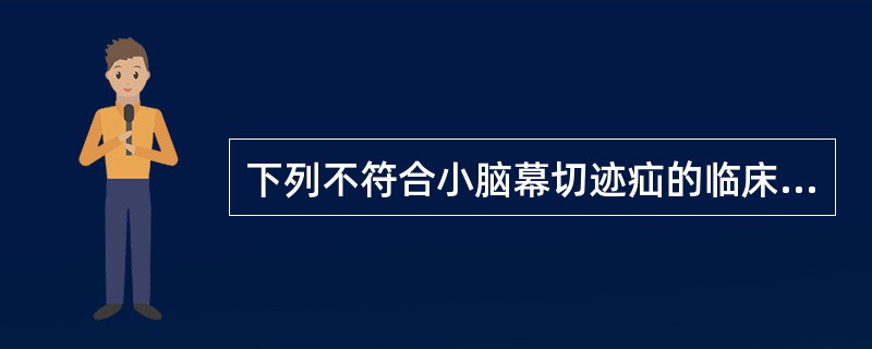 下列不符合小脑幕切迹疝的临床表现A、头痛剧烈,呕吐频繁,烦躁不安B、呼吸骤停,瞳