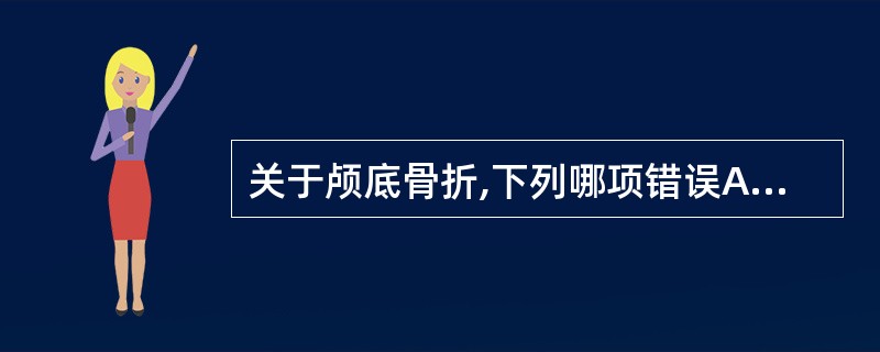 关于颅底骨折,下列哪项错误A、颅前窝骨折可出现"熊猫眼"症B、颅中窝骨折可出现鼻