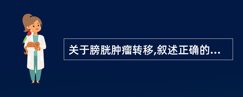 关于膀胱肿瘤转移,叙述正确的是A、淋巴转移多,血行转移早B、淋巴转移少,血行转移