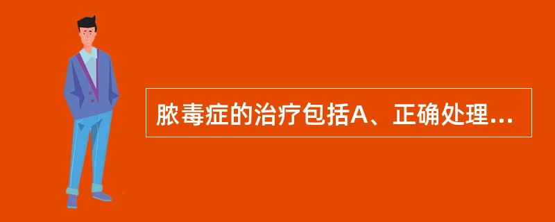 脓毒症的治疗包括A、正确处理创面B、全身支持治疗C、联合应用抗生素D、大量应用糖