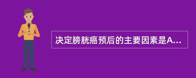 决定膀胱癌预后的主要因素是A、肿瘤浸润深度B、肿瘤组织类型C、肿瘤的数目D、肿瘤