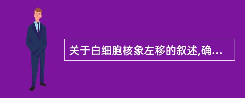 关于白细胞核象左移的叙述,确切的说法是A、粒细胞杆状核以上阶段的细胞增多称核左移