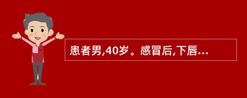 患者男,40岁。感冒后,下唇及唇周皮肤出现成簇的针头大小的小水疱,破溃后结痂,局